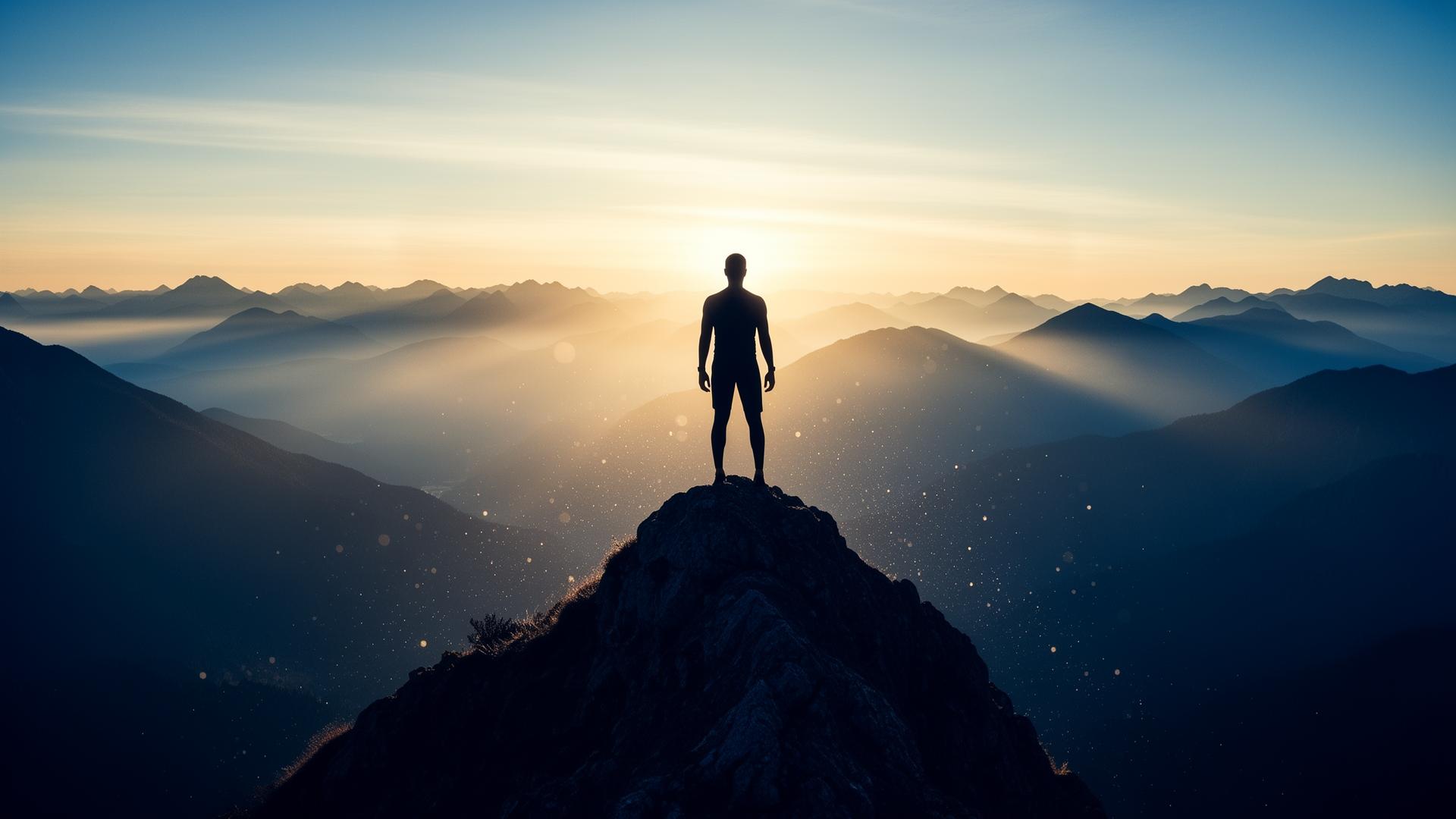 Person standing on mountain peak at sunrise